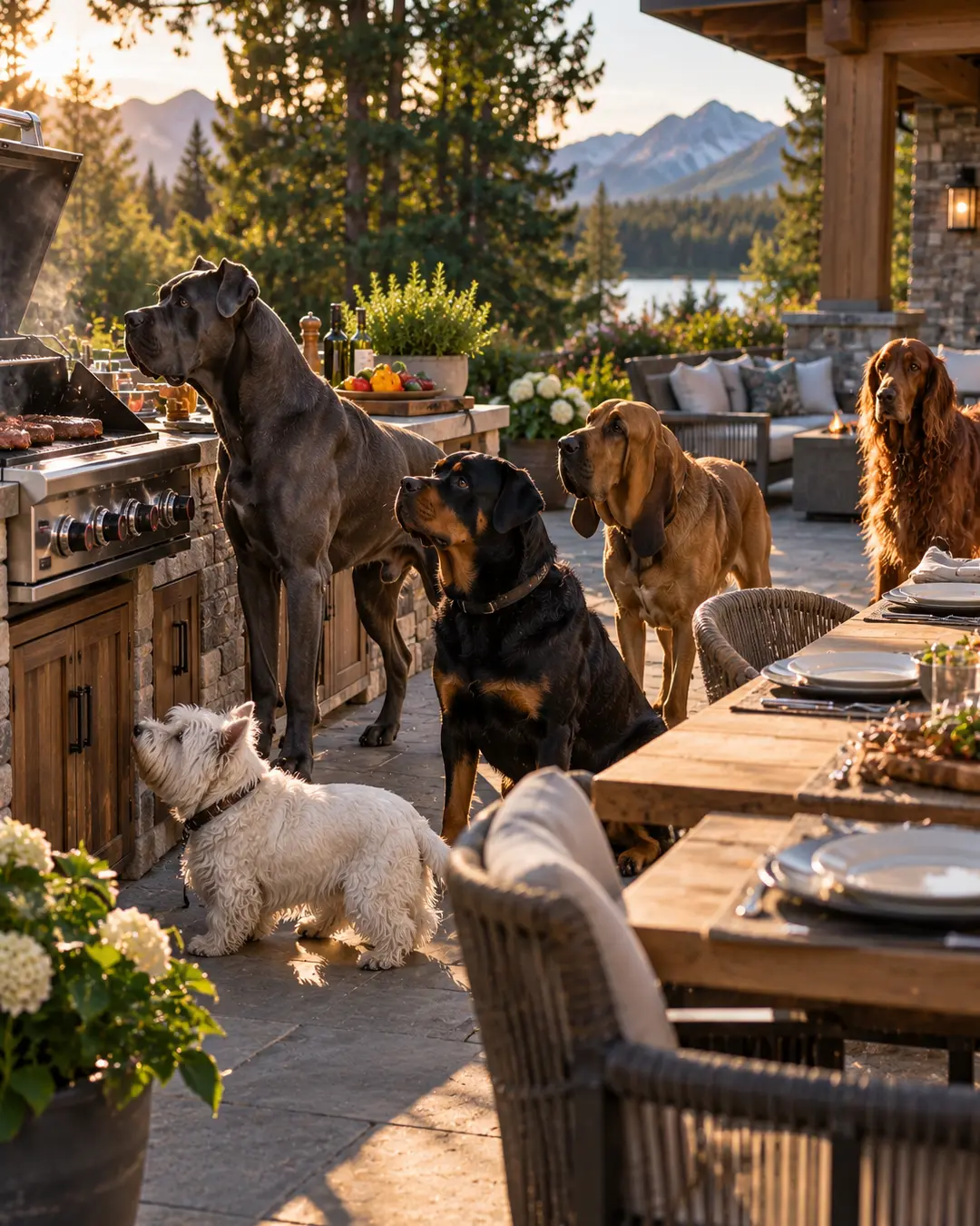 Five dogs gather eagerly around the barbecue, watching dinner cook on a beautiful mountain patio during a golden summer evening.