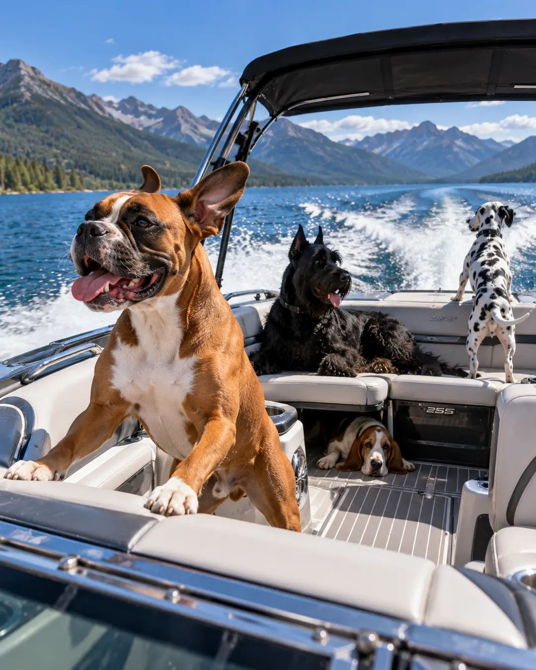 Four dogs enjoy a high-speed boat ride across a mountain lake, soaking up the sunshine, fresh air and wide-open water.