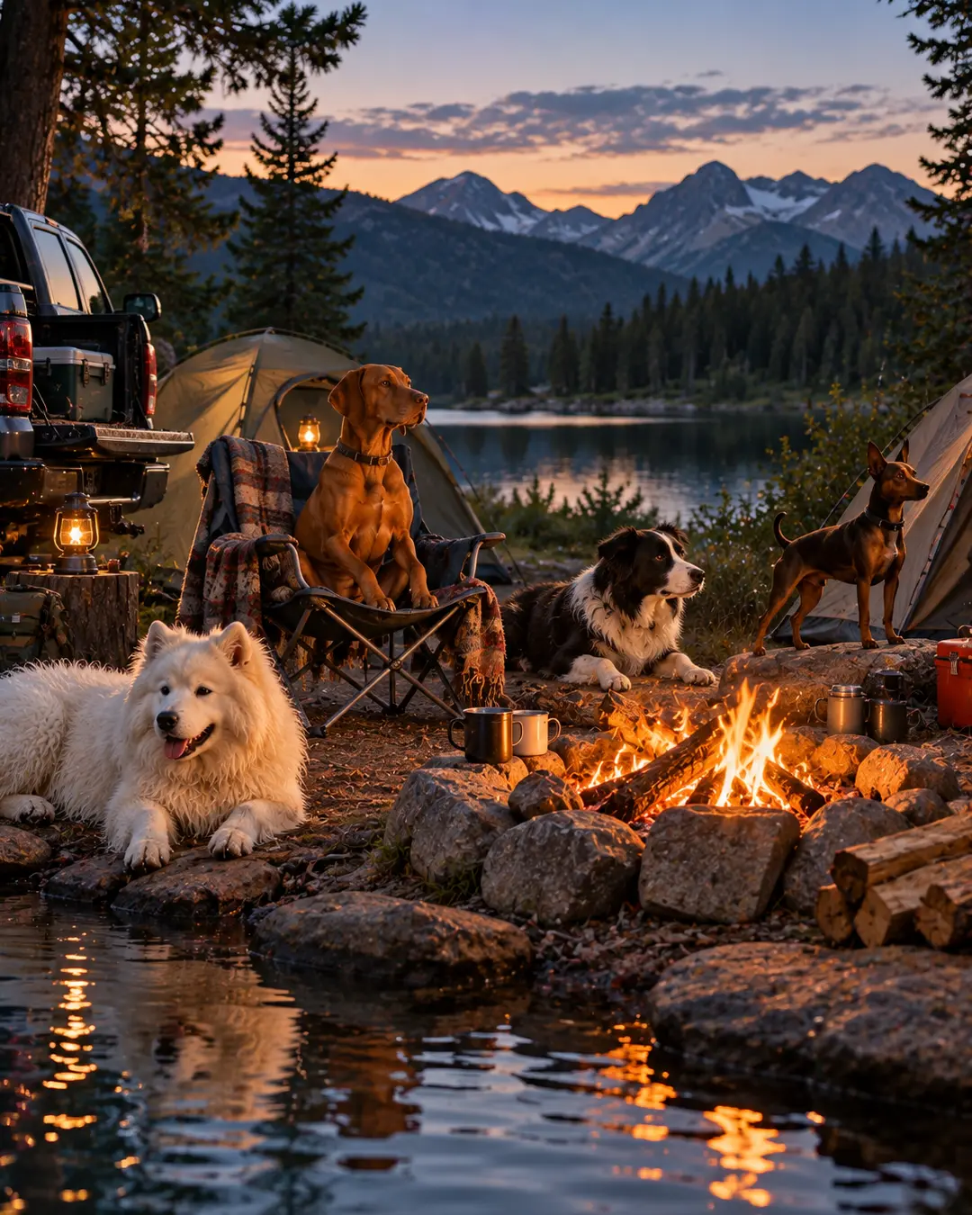 Four dogs settle around a lakeside campfire at sunset, surrounded by tents, a pickup truck and spectacular mountain scenery.