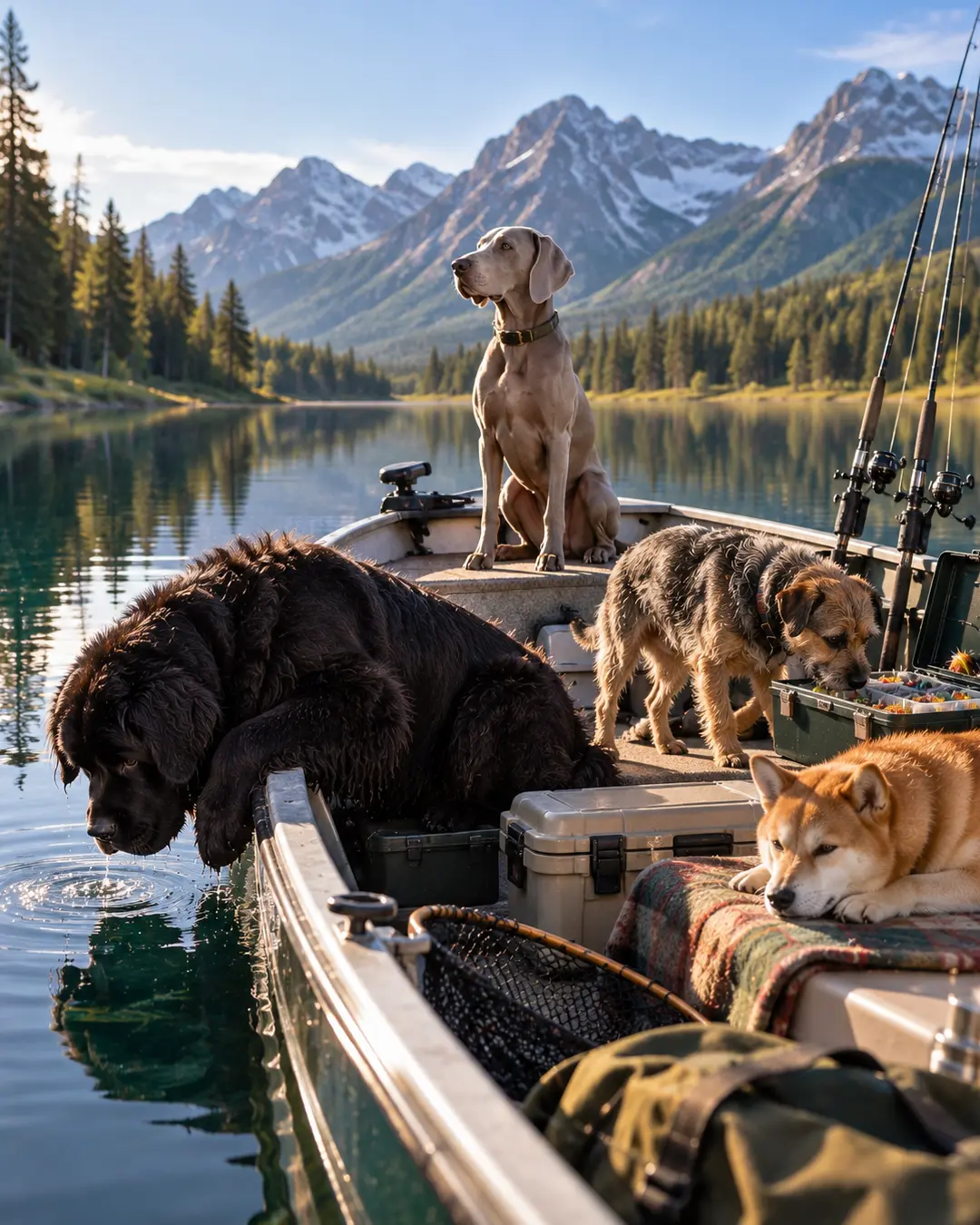 Four dogs settle into a fishing boat on a glassy mountain lake, surrounded by rods and gear while one Labrador investigates the water.