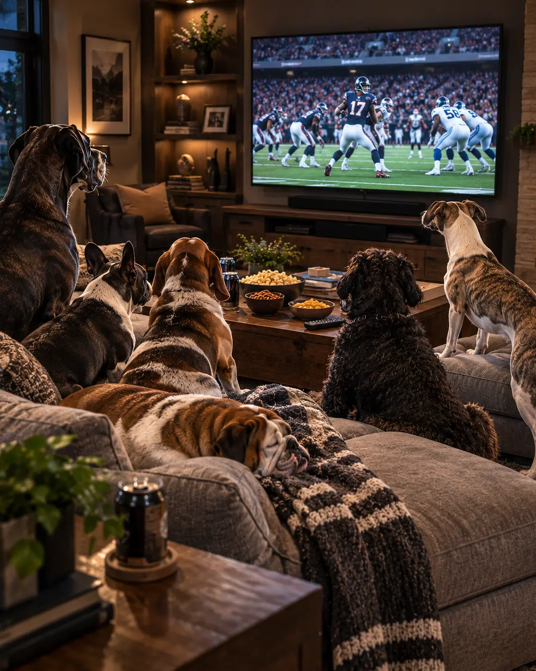 Six dogs take over a cozy living room for game night, watching football on the big screen with snacks spread across the coffee table.