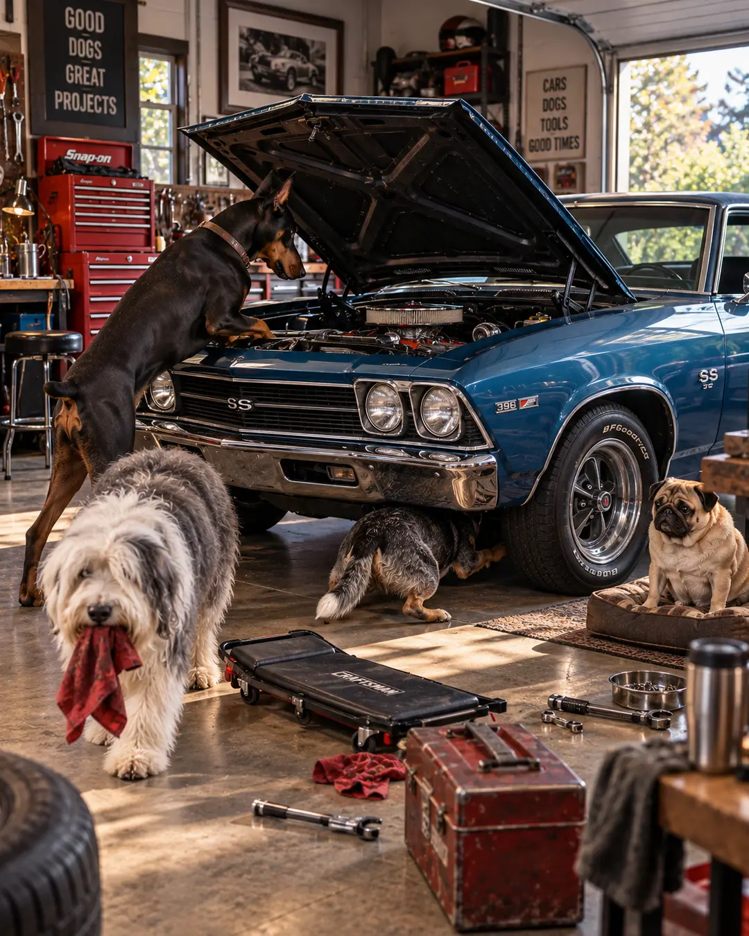 Four dogs spend Saturday in the garage investigating a classic muscle car, surrounded by tools, shop rags and plenty of unfinished work.