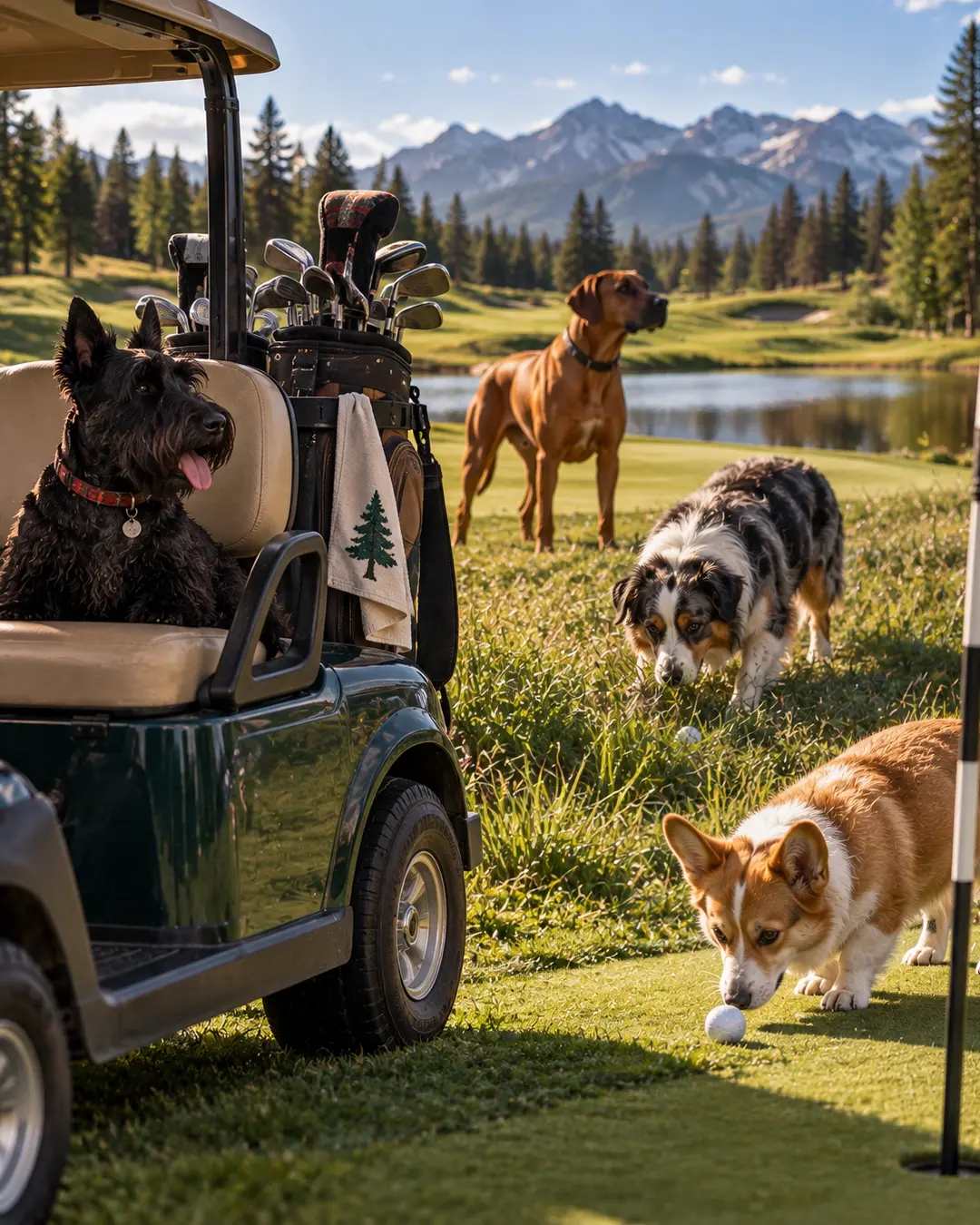 Four dogs enjoy a day on the golf course, complete with a loaded cart, mountain views and a couple of very tempting golf balls.