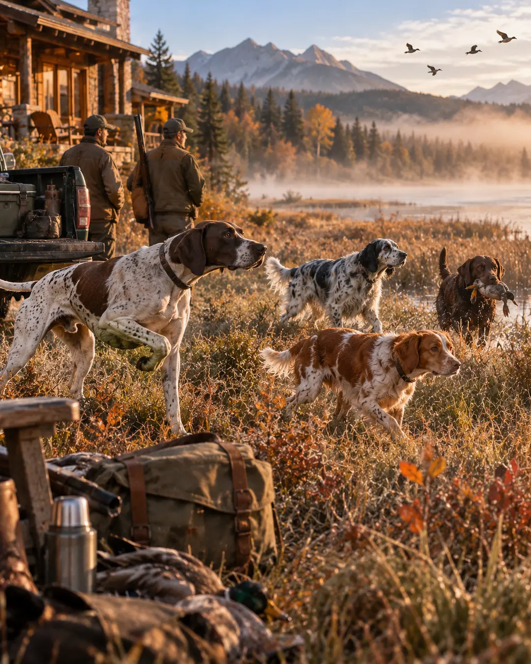 Hunting dogs work the field beside a misty mountain lake as two hunters watch from the lodge on a crisp autumn morning.