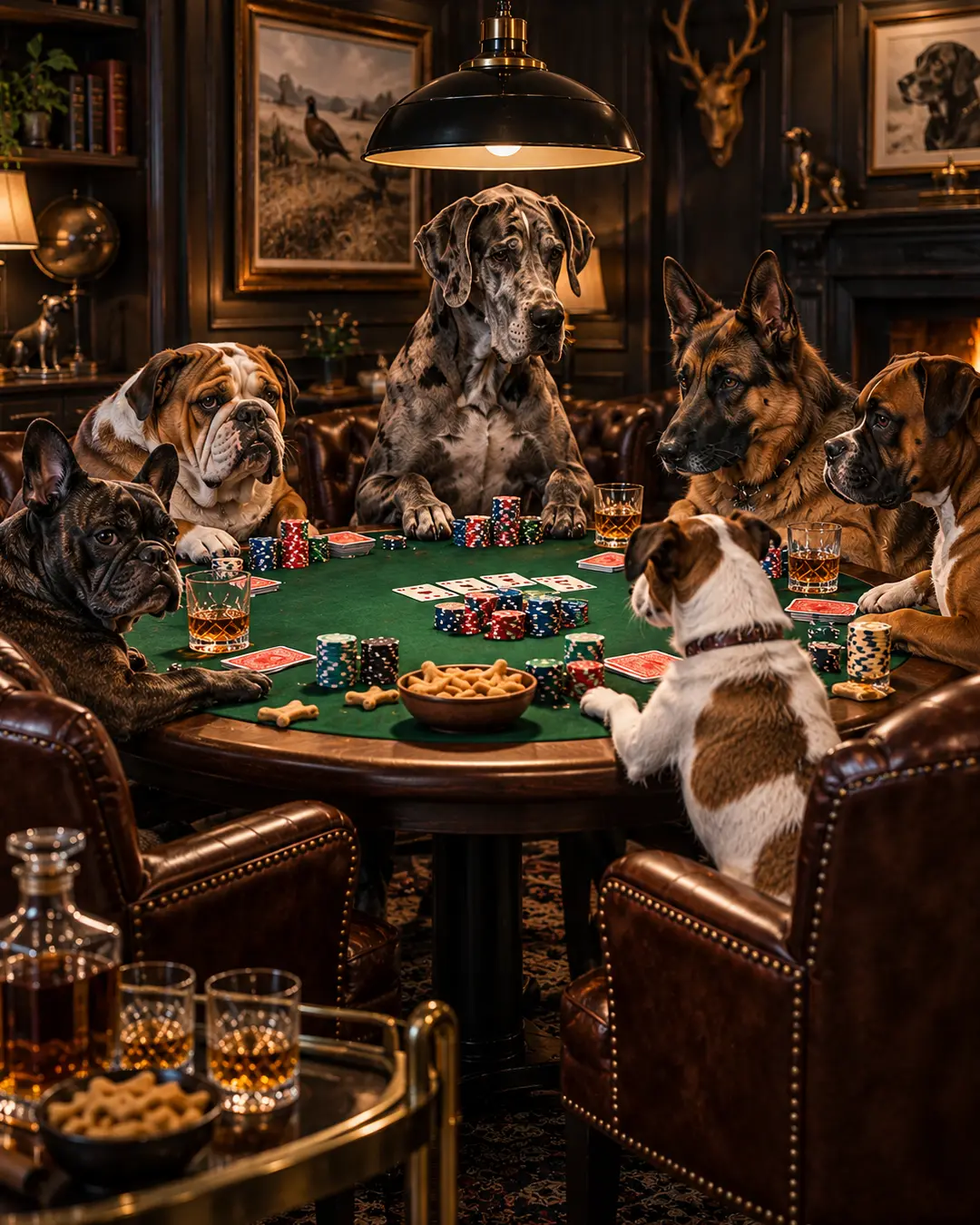 Six dogs gather around a green felt poker table with cards, chips and snacks in a handsome, wood-panelled game room.