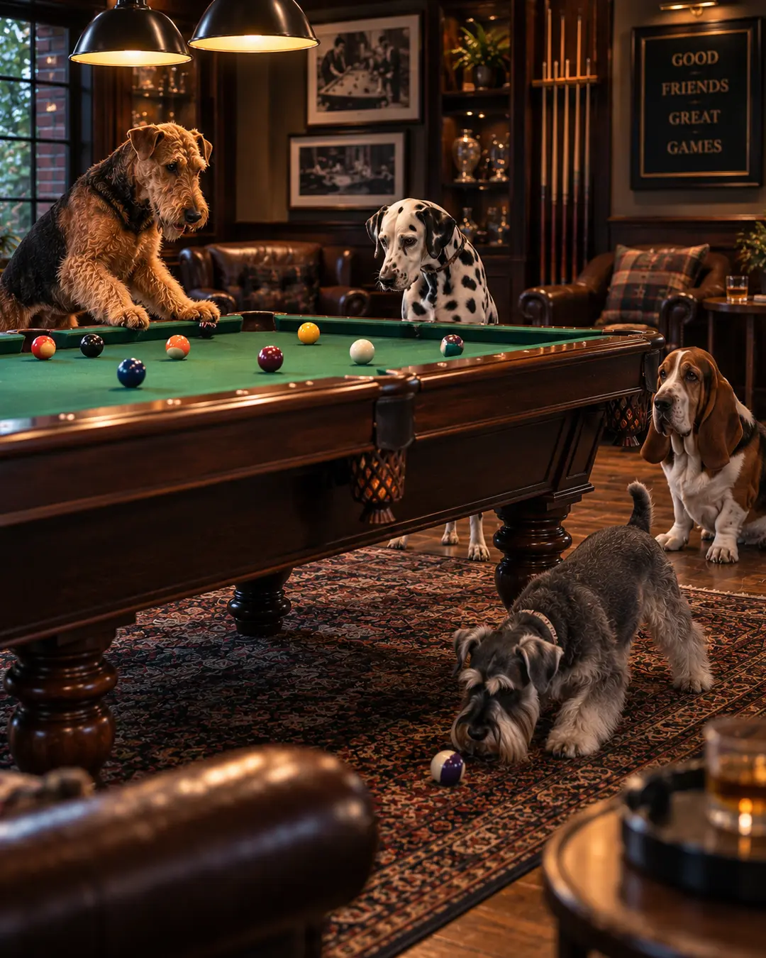 Four dogs take over a classic pool room, watching the table closely while one investigates a stray billiard ball on the floor.