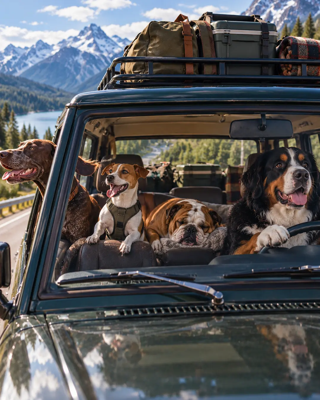Four dogs hit the open road for a mountain getaway, packed into an adventure-ready SUV with luggage, big views and absolutely no itinerary.