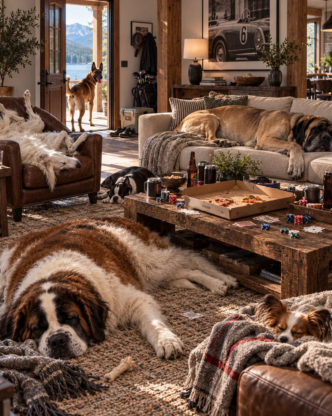 The morning after a big weekend, exhausted dogs sleep wherever they landed among pizza boxes, poker chips, drinks and scattered gear.