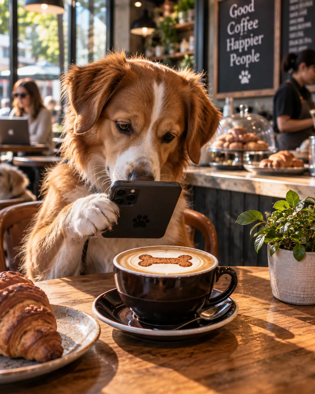 A dog checks its phone over a café latte topped with bone-shaped foam art, looking every bit like a coffee-obsessed regular.