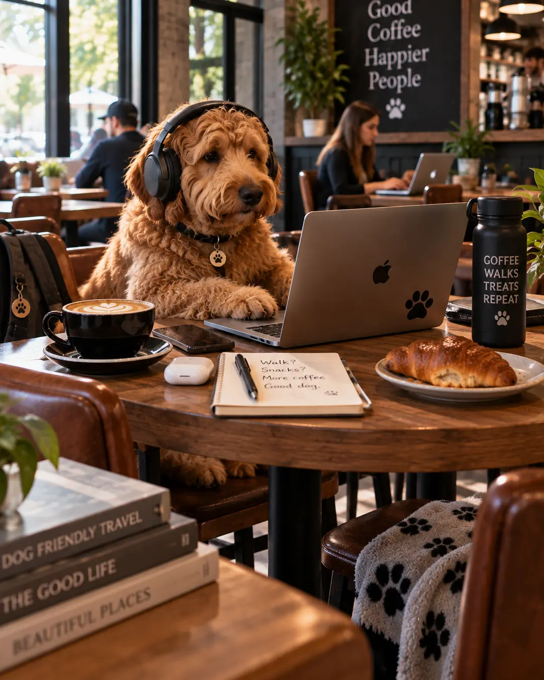 A coffee-shop dog works remotely with headphones, laptop and latte, proving even dogs need caffeine to survive the workday.
