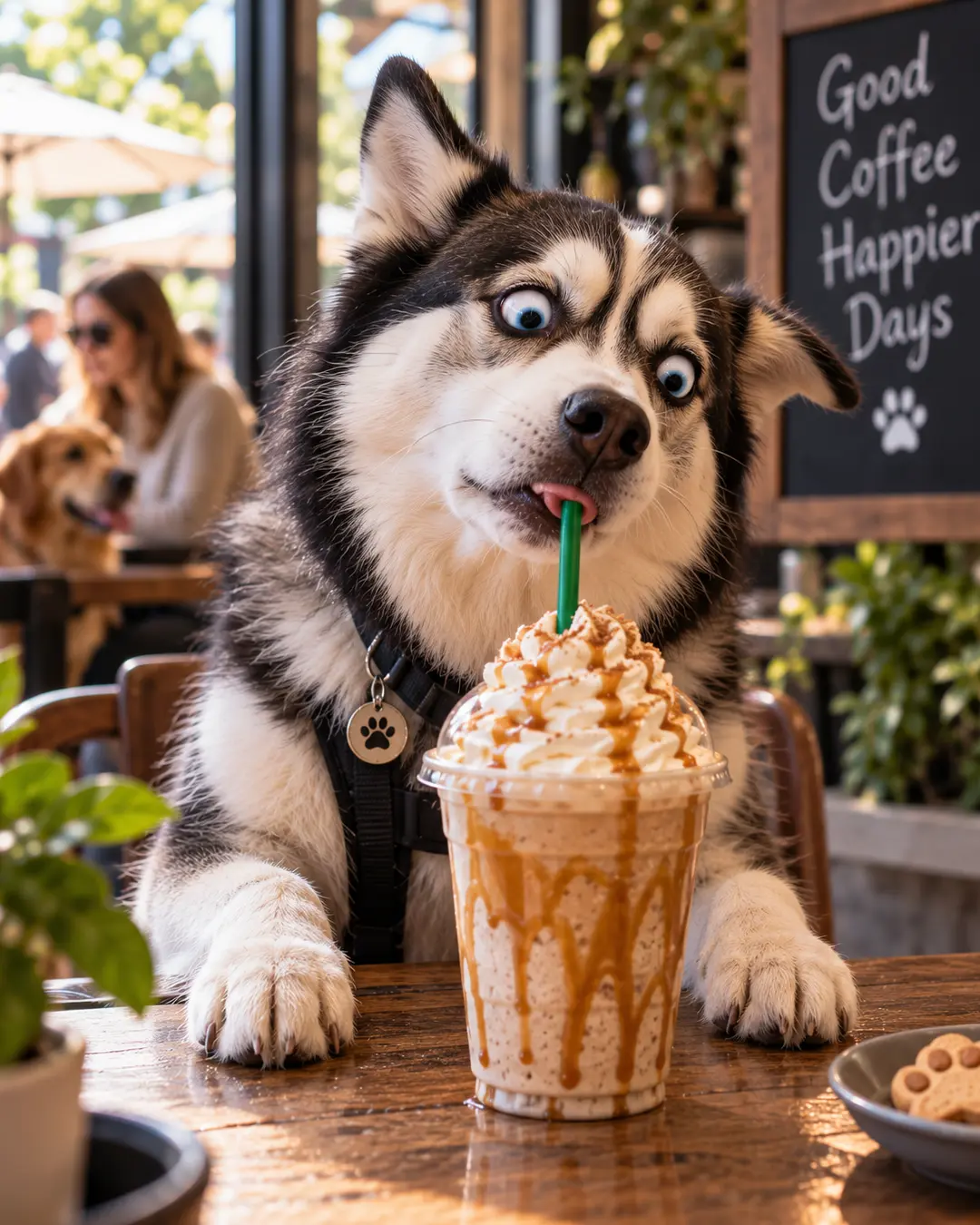 A wide-eyed Husky gets instant brain freeze while tackling an enormous caramel frappuccino piled high with whipped cream.