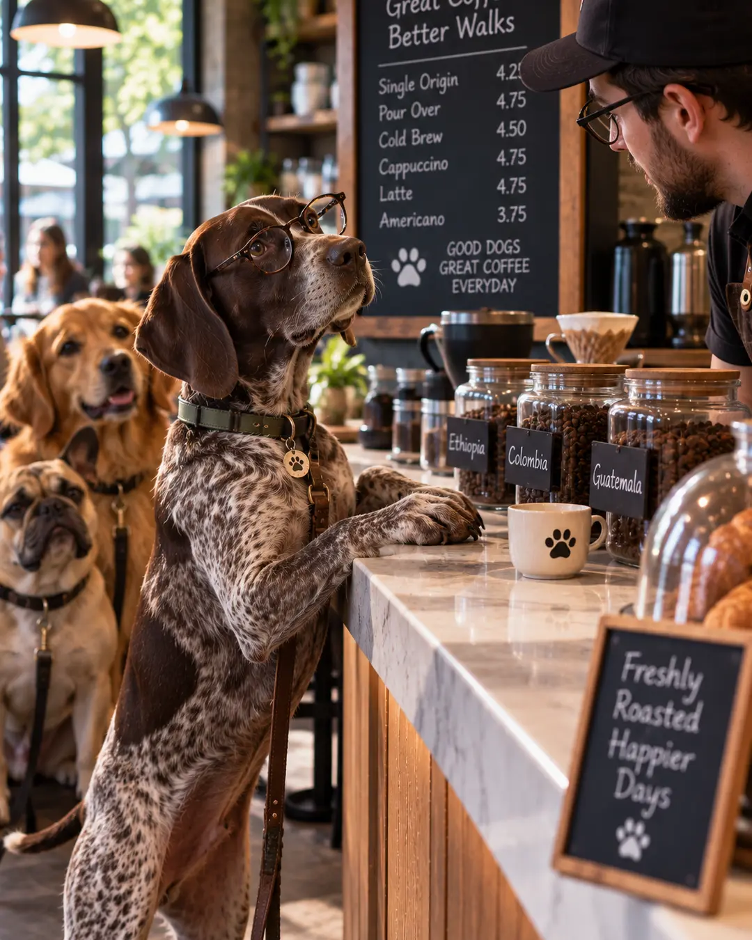 A bespectacled dog orders at the café counter while patiently waiting companions line up behind for their turn.