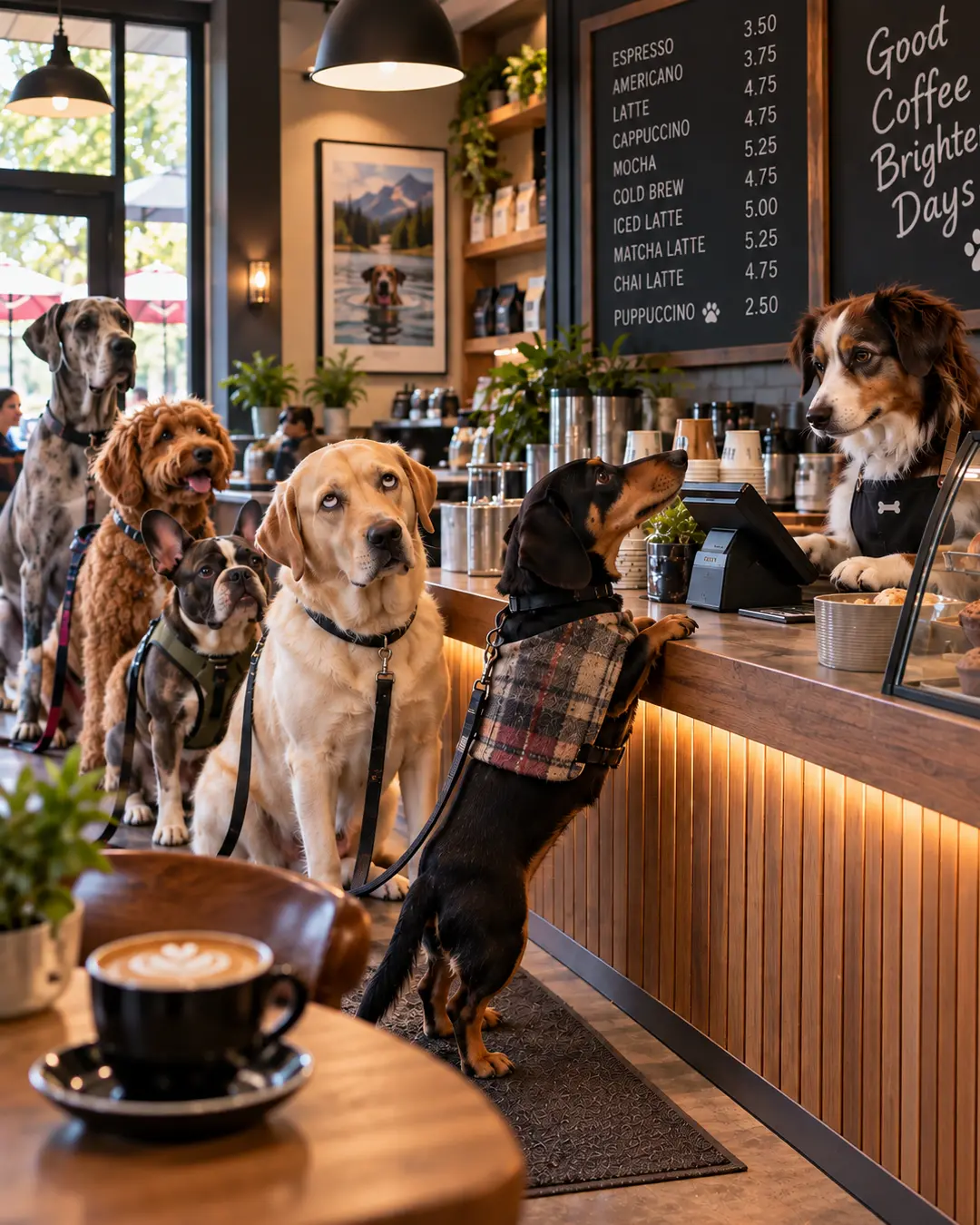 A lineup of dogs waits to order coffee at a cozy café, while a Border Collie works behind the counter.