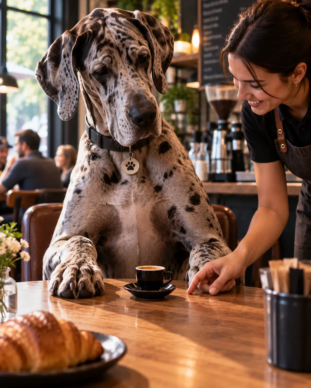 A Great Dane contemplates an espresso so tiny it looks more like a cruel joke than a caffeine fix.