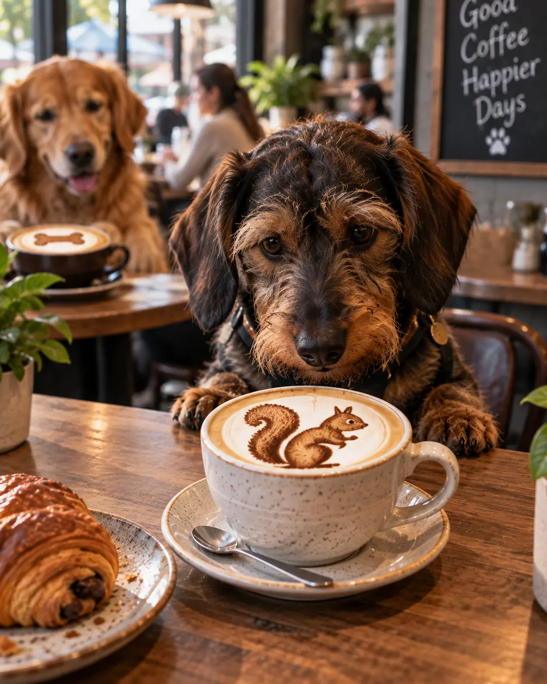 A dog stares suspiciously at the squirrel in its latte art while another dog enjoys a bone-topped coffee behind him.