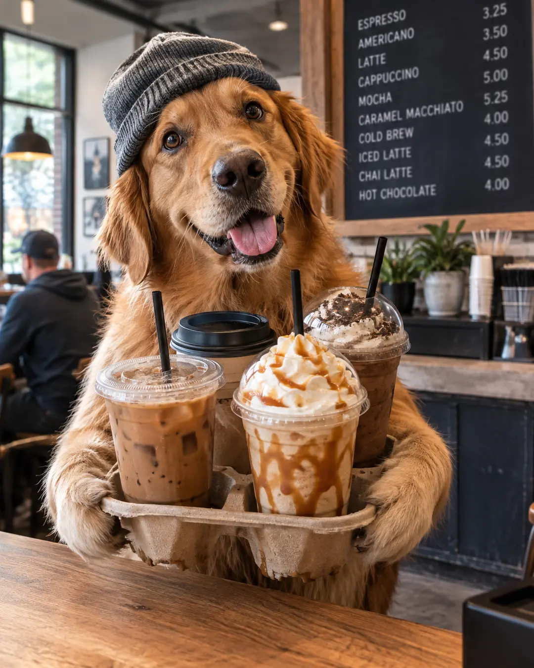 A Golden Retriever insists the four coffees aren't all his, despite carrying enough caffeine for the entire café.