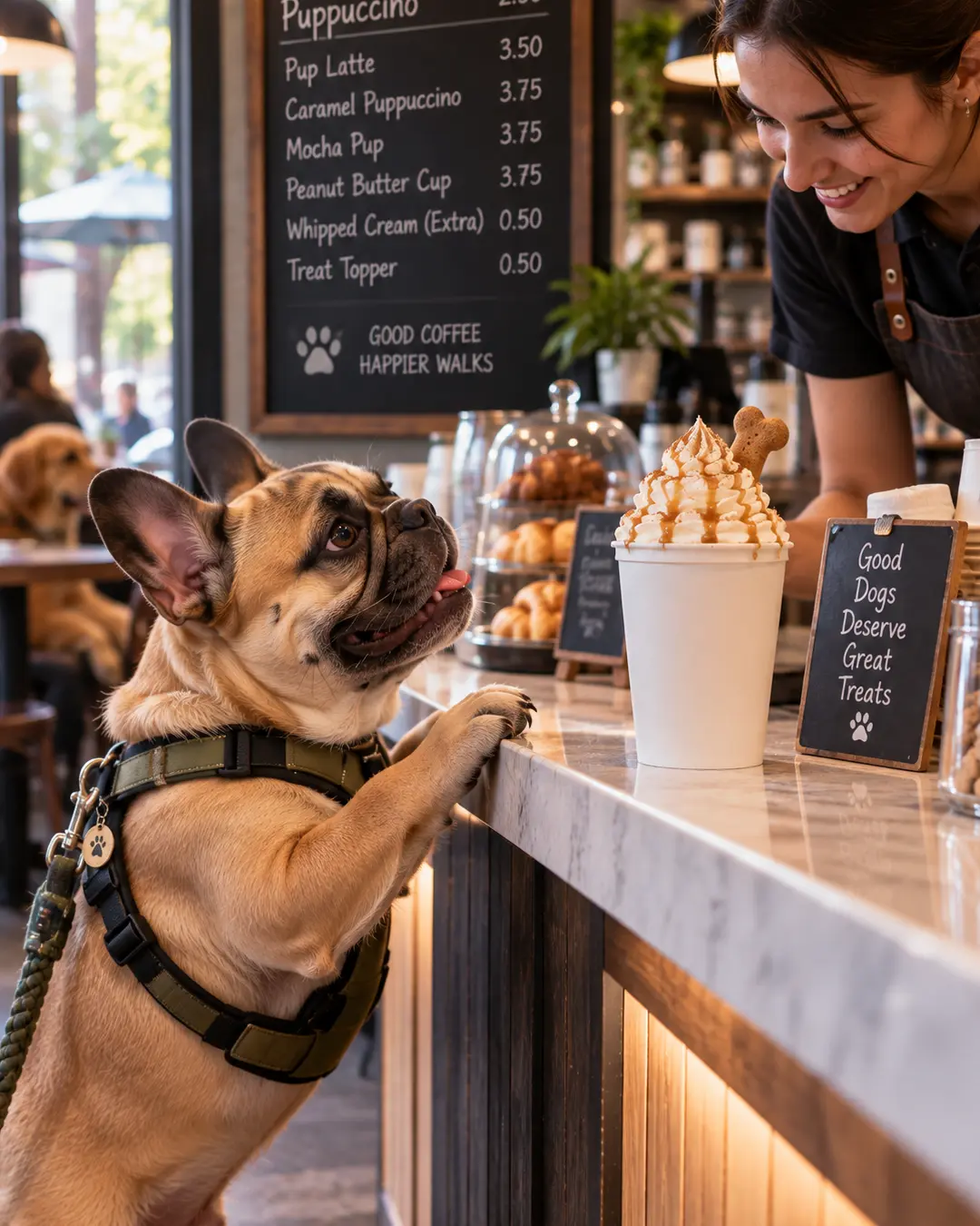 A French Bulldog eagerly eyes an extravagant whipped-cream puppuccino topped with caramel and a dog treat at the café counter.