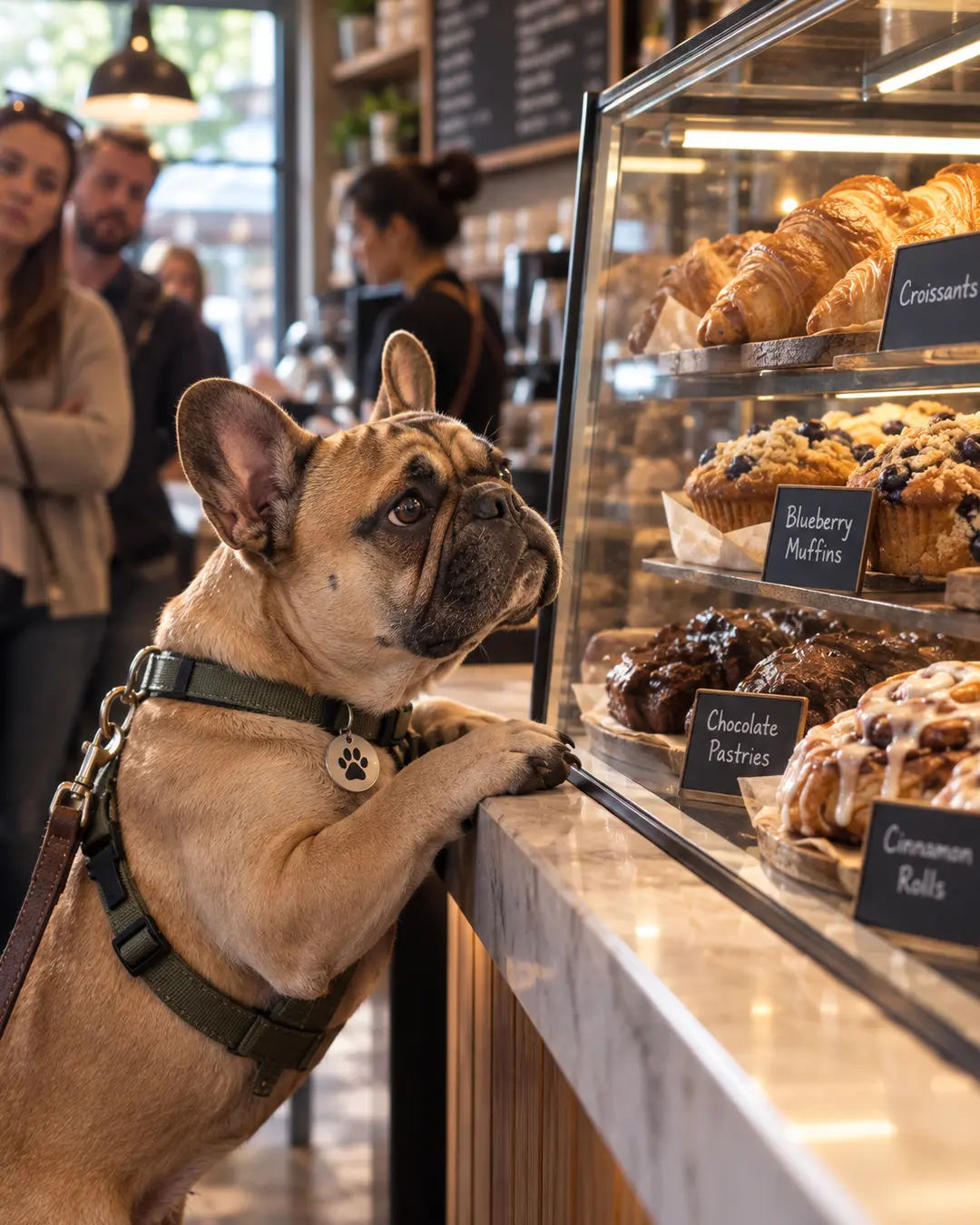 A French Bulldog studies the café pastry case, facing the impossible decision between croissants, muffins and cinnamon rolls.