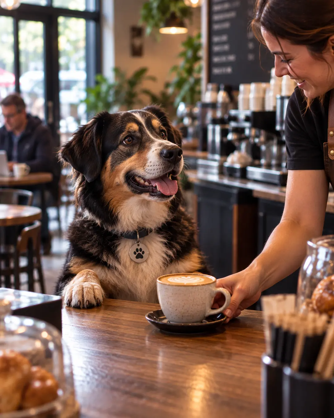 A happy dog gets its latte served at the café counter, looking extremely pleased with both the coffee and the service.