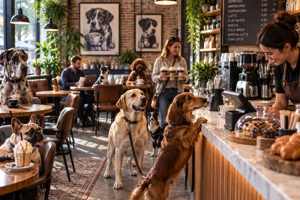 A lively dog-friendly café where dogs order at the counter, sip elaborate drinks and settle in alongside their humans.