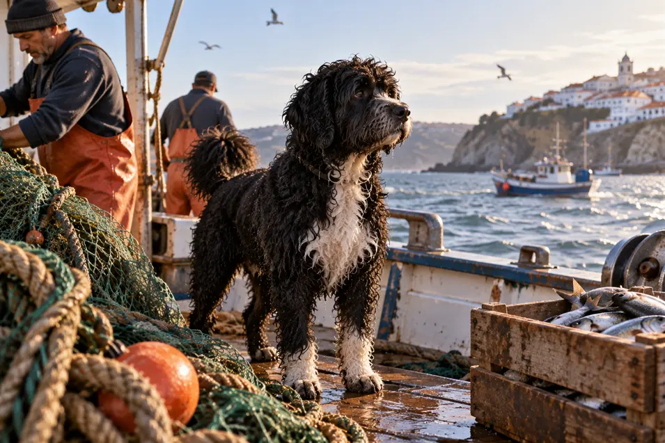 A Portuguese Water Dog joins fishermen aboard a working boat, surrounded by nets and the day’s catch near a coastal village.