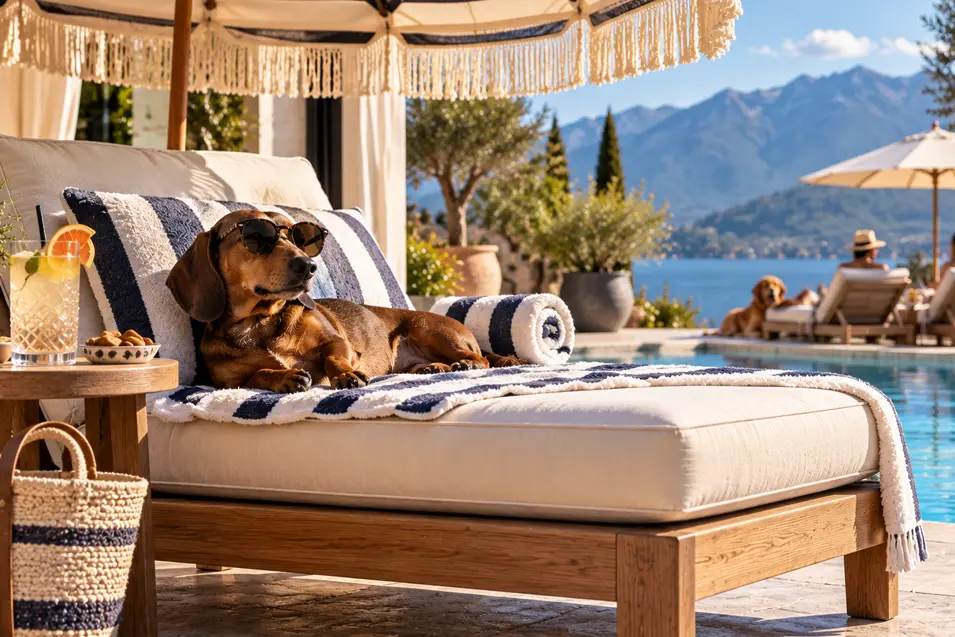 A Dachshund in sunglasses claims the best poolside lounger at a luxurious mountain lake retreat, complete with shade, snacks and a drink.