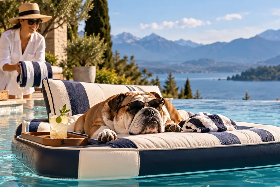 A Bulldog in sunglasses floats on a luxurious pool bed, enjoying the ultimate lazy day against a spectacular mountain lake backdrop.
