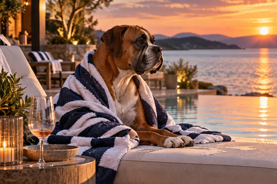A Boxer wrapped in a striped towel lounges beside an infinity pool at sunset, overlooking a peaceful lake and distant mountains.