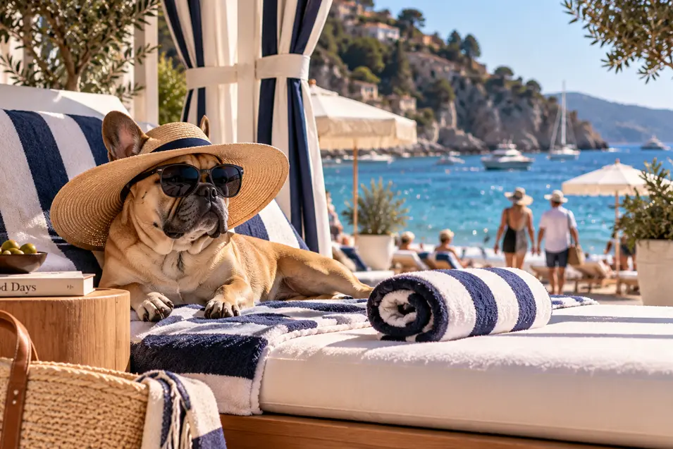 A French Bulldog in sunglasses and a sunhat lounges in a luxurious seaside cabana overlooking sparkling blue water and yachts.