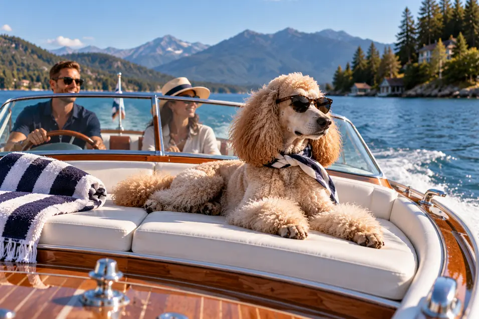 A stylish Poodle in sunglasses cruises across a mountain lake on a classic wooden speedboat with two humans behind him.