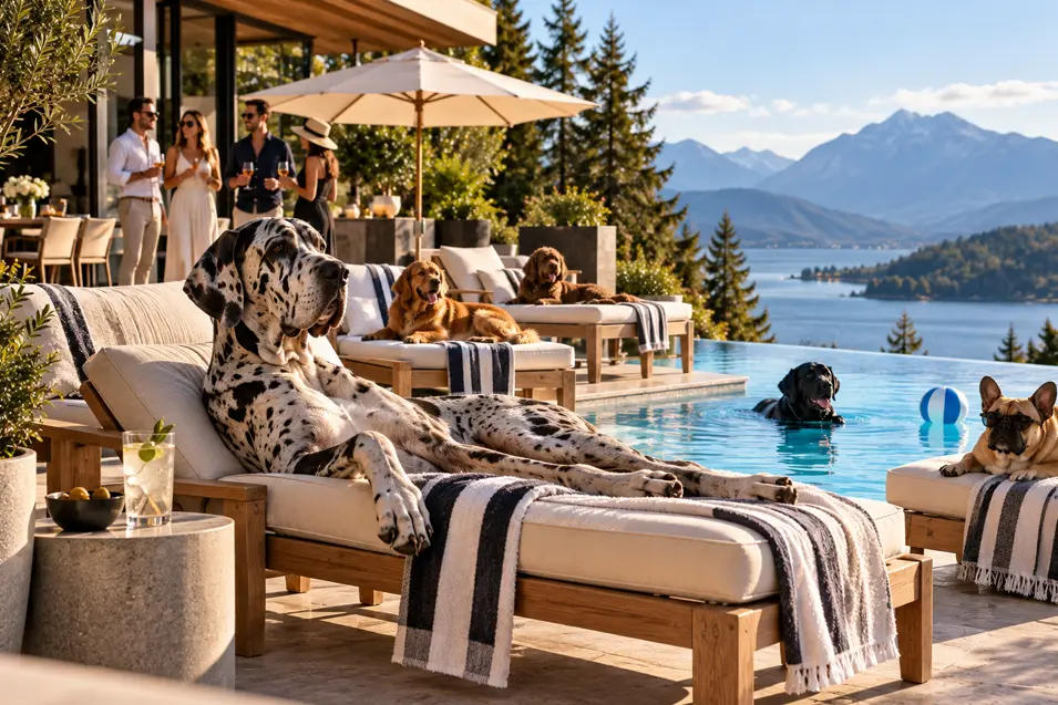 Dogs take over the loungers and infinity pool at a spectacular mountain lake retreat while the humans gather in the background.