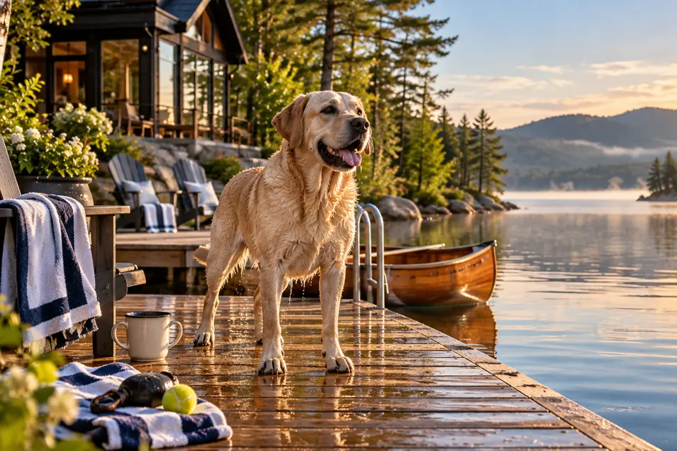 A wet Labrador stands on a lakeside dock at sunrise, with a canoe, cottage and peaceful mountain scenery behind him.