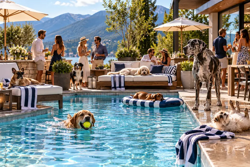 Dogs rule a luxury pool party, swimming, floating and lounging while their humans socialize against a spectacular mountain backdrop.