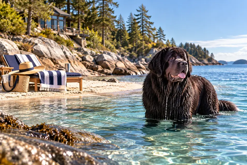 A wet Newfoundland enjoys the clear water beside a secluded lakeside retreat, with a private beach and forested shoreline behind him.