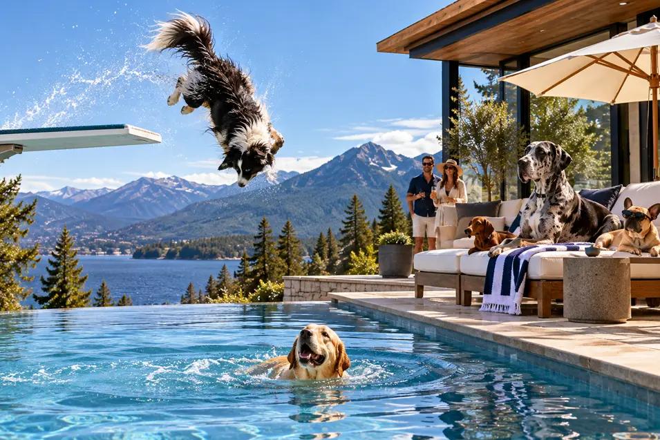A Border Collie dives into a luxury infinity pool as other dogs swim and lounge against a spectacular mountain lake backdrop.