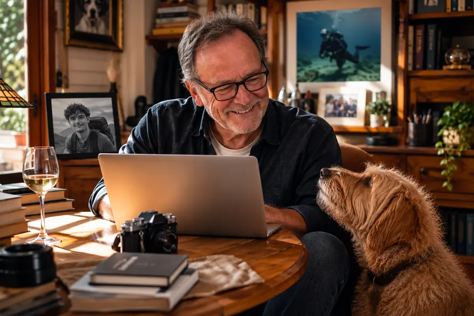 An older man works at his laptop with his dog beside him, surrounded by family photos and memories of a son who has moved away.