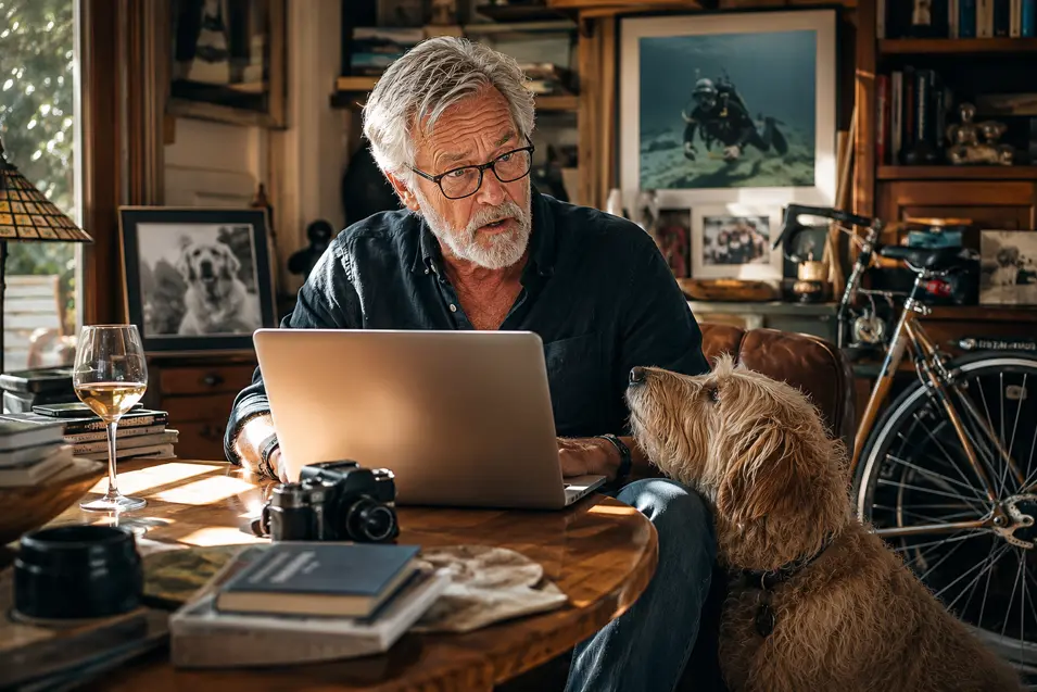 An older man works at his laptop beside his dog, surrounded by photos, a bicycle and memories from a long, adventurous life.
