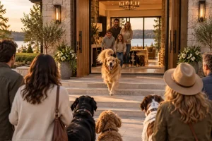 A Golden Retriever races outside to greet arriving friends and their dogs as a smiling family welcomes everyone to their lakeside home.