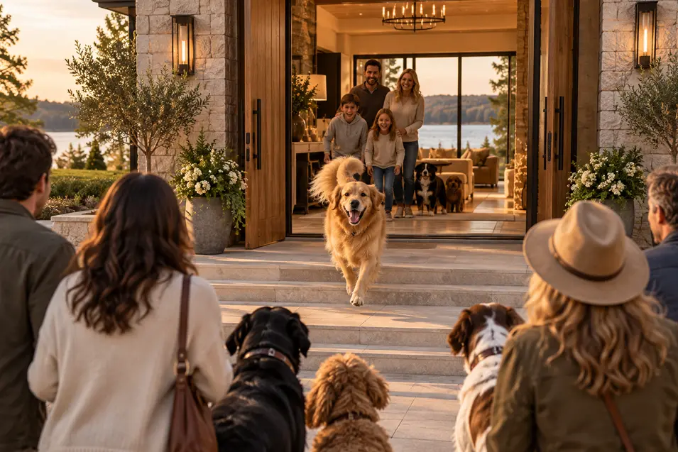 A Golden Retriever races outside to greet arriving friends and their dogs as a smiling family welcomes everyone to their lakeside home.