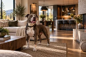 A proud Pit Bull stands at the heart of a warm, sophisticated open-concept home filled with natural light and mountain views.
