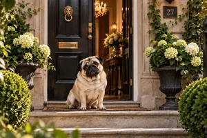 A Pug sits proudly at the front door of an elegant townhouse, surrounded by hydrangeas, ivy and manicured greenery.