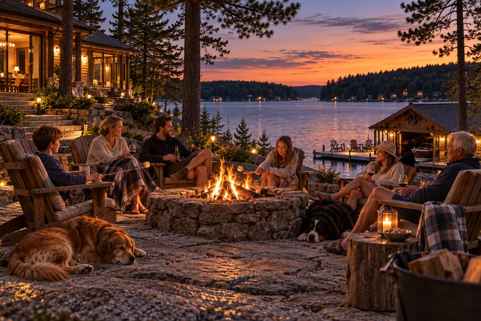 Family and friends gather around a lakeside fire at dusk, roasting marshmallows with two dogs resting nearby under a glowing Muskoka sky.