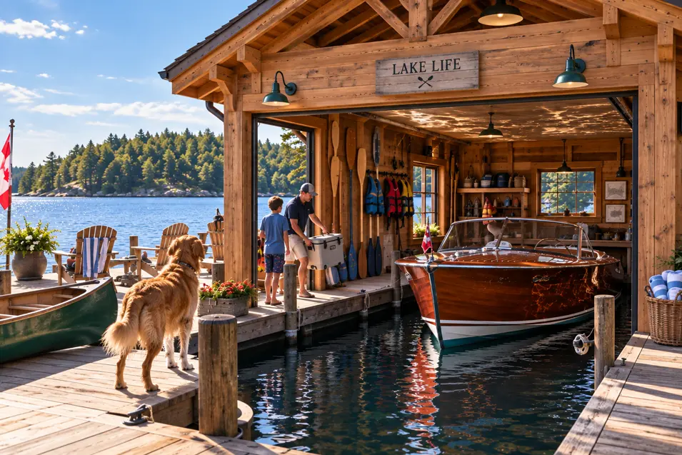A classic Muskoka boathouse frames a gleaming wooden boat, canoe and lake views as a family and golden retriever prepare for a day on the water.