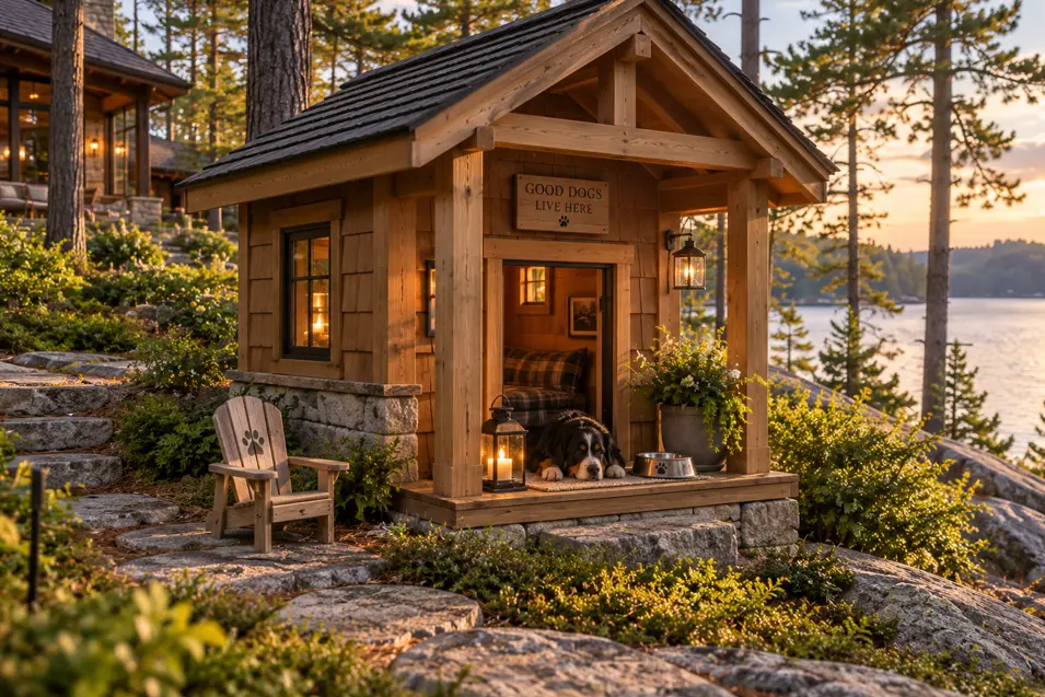 A charming lakeside dog cottage sits among Muskoka pines and granite, with a Bernese Mountain Dog relaxing on the porch at sunset.
