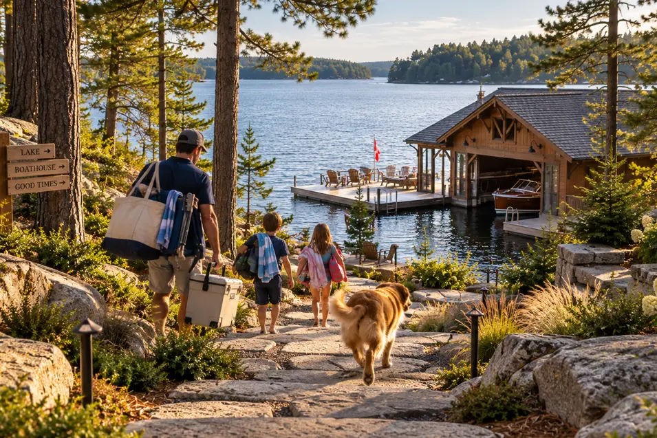 A family and their dog head down a granite path toward a classic Muskoka boathouse and sparkling lake, ready for another summer day.