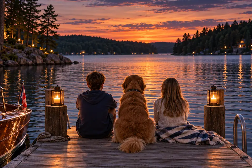 Two children and their golden retriever sit quietly on a Muskoka dock, watching a brilliant sunset reflect across the peaceful lake.