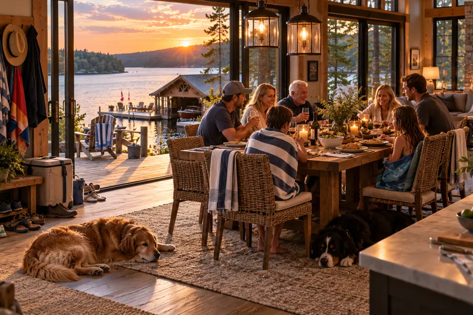 Family and friends share dinner at a warm Muskoka cottage while two dogs relax nearby and the sun sets over the lake and boathouse.