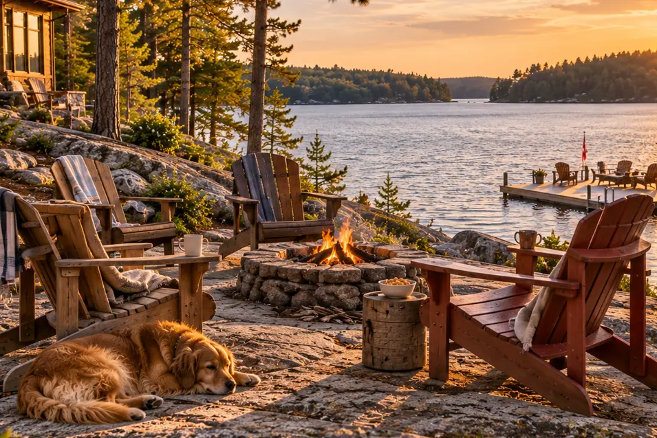 A golden retriever naps beside a lakeside firepit as Adirondack chairs overlook a Muskoka boathouse and glowing sunset.
