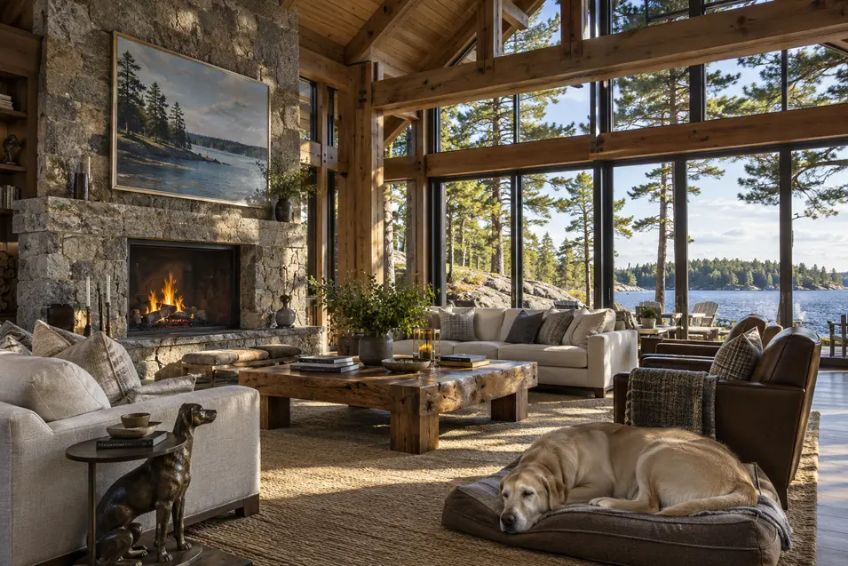 A luxurious Muskoka great room with timber beams, granite fireplace, lake views, Canadian art and a Labrador resting by the fire.