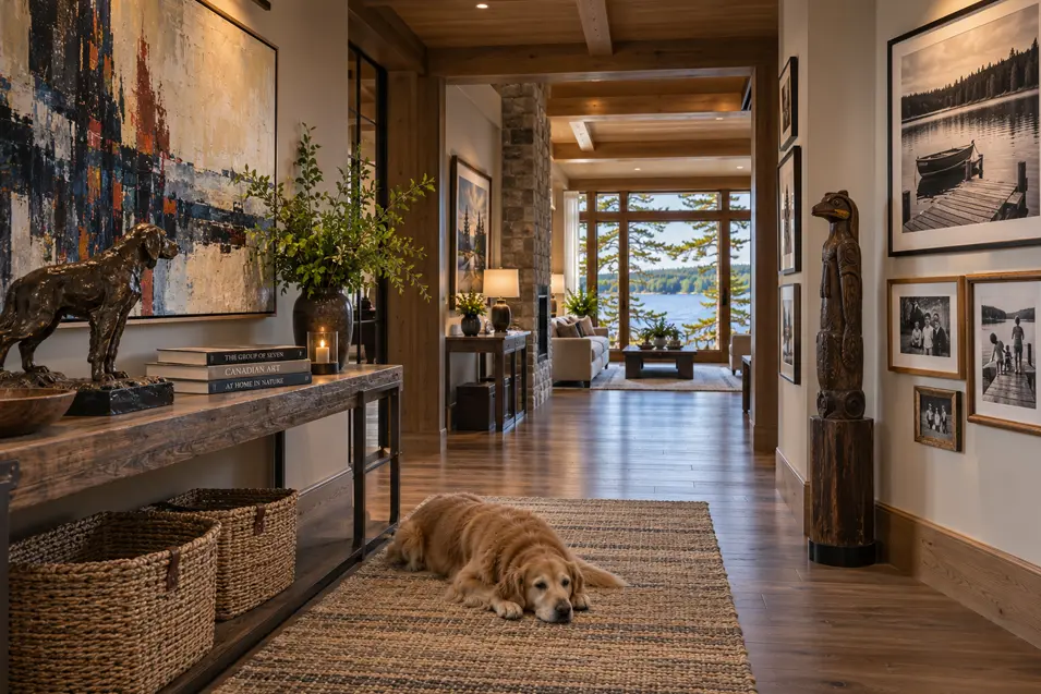 A refined Muskoka hallway blends Canadian art, family photographs and sculpture, with a Golden Retriever resting beneath expansive lake views.